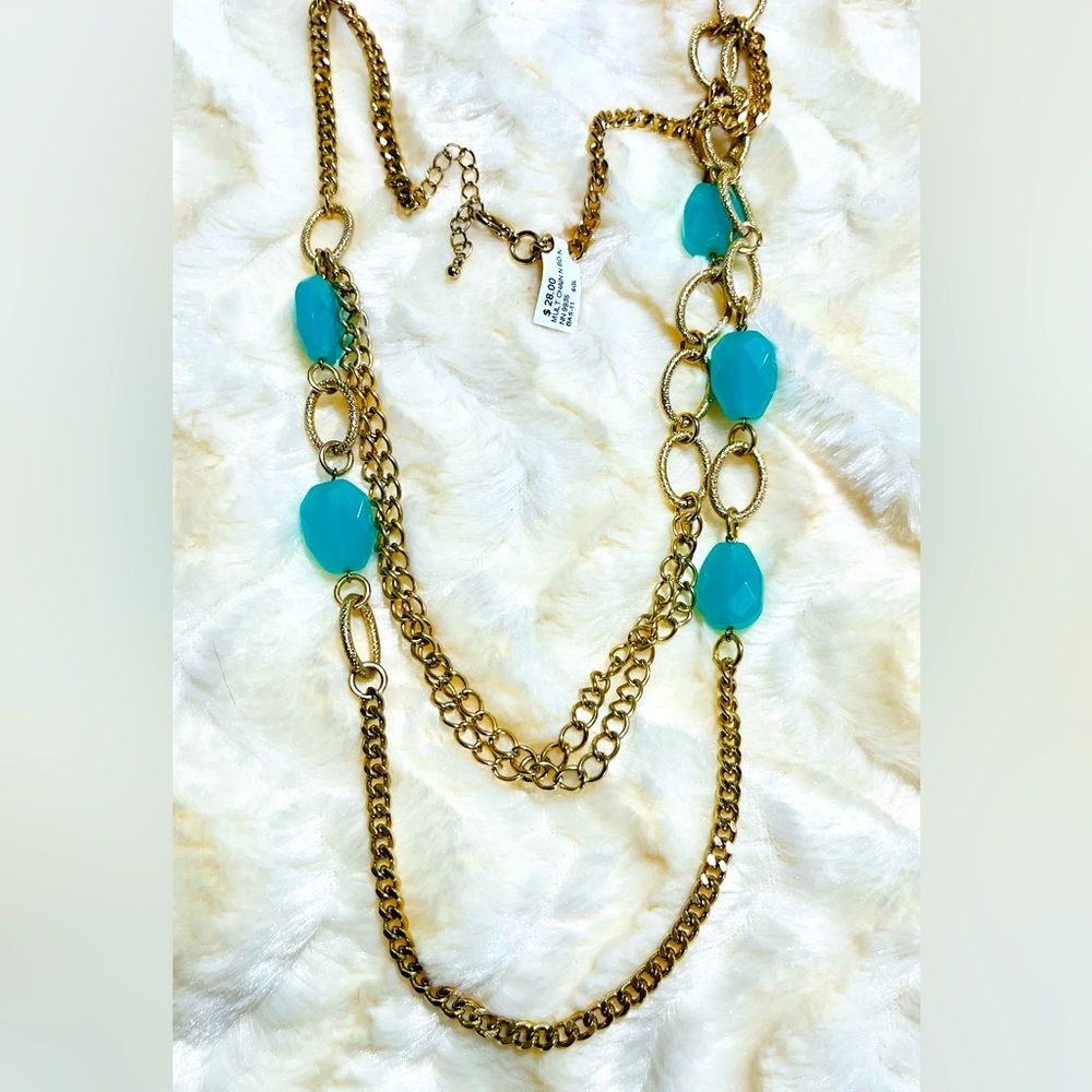 New gold tone and teal colored stone necklace